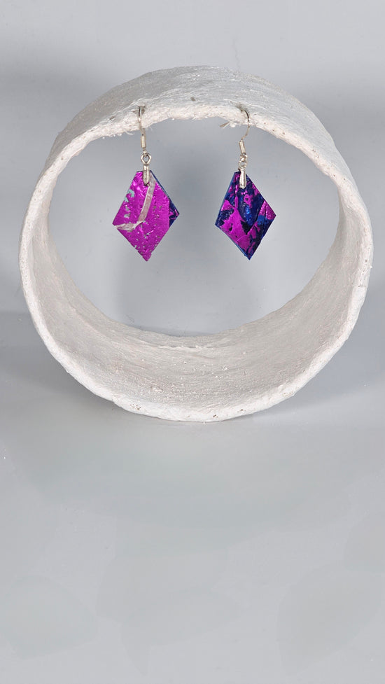 Small metallic magenta on blue diamond shape earrings - PLASTIQUE By Siân