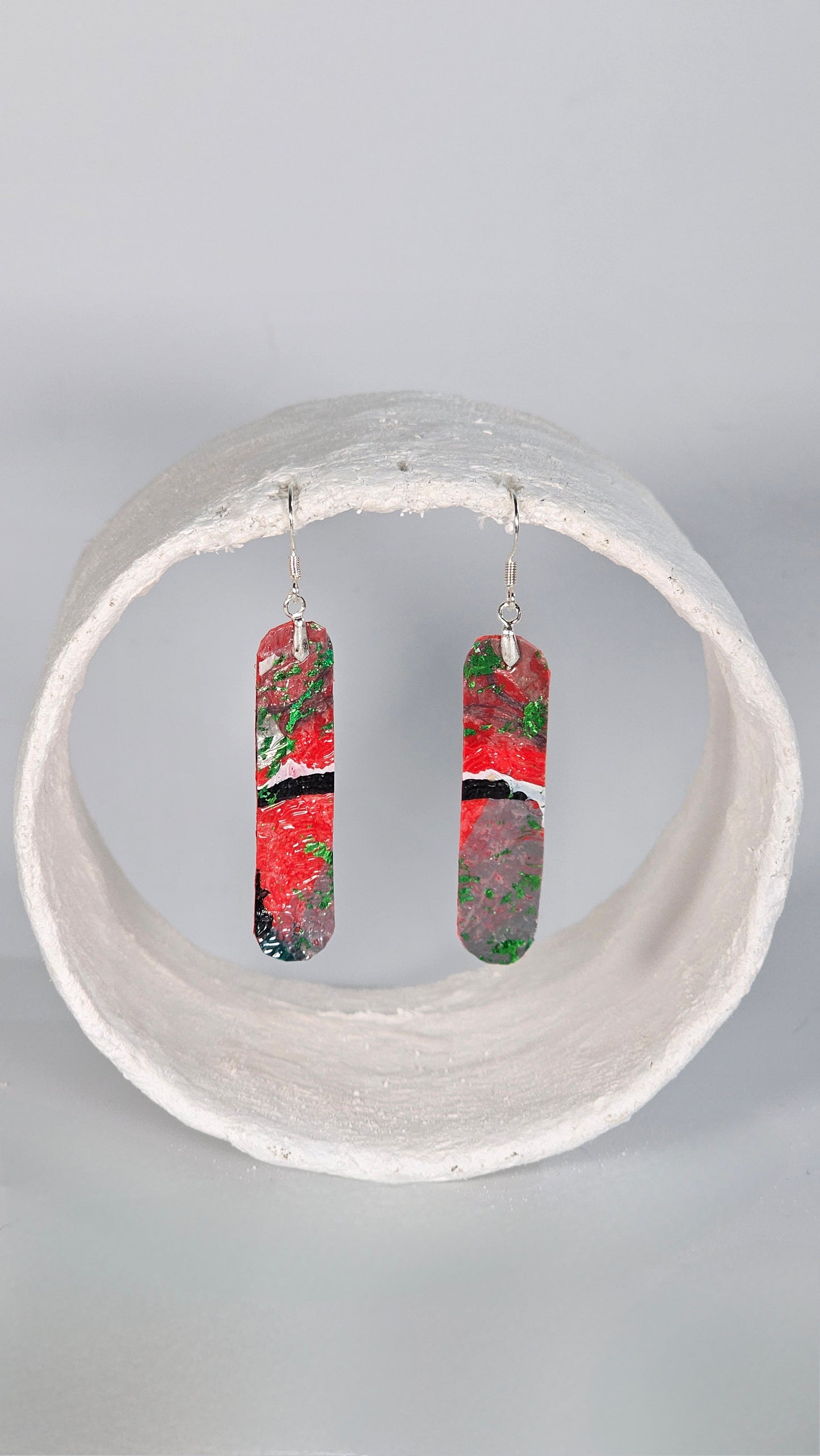 Small red and green long thin earrings - PLASTIQUE By Siân