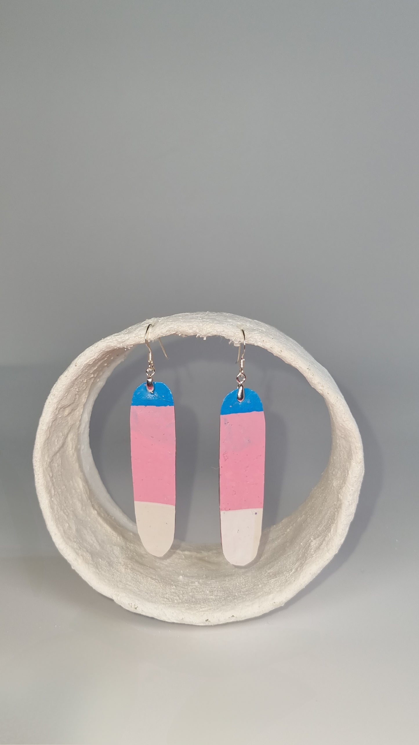 S Trans pride long thin earrings in baby blue white and pink with gold backing -S/S 24 - PLASTIQUE By Siân