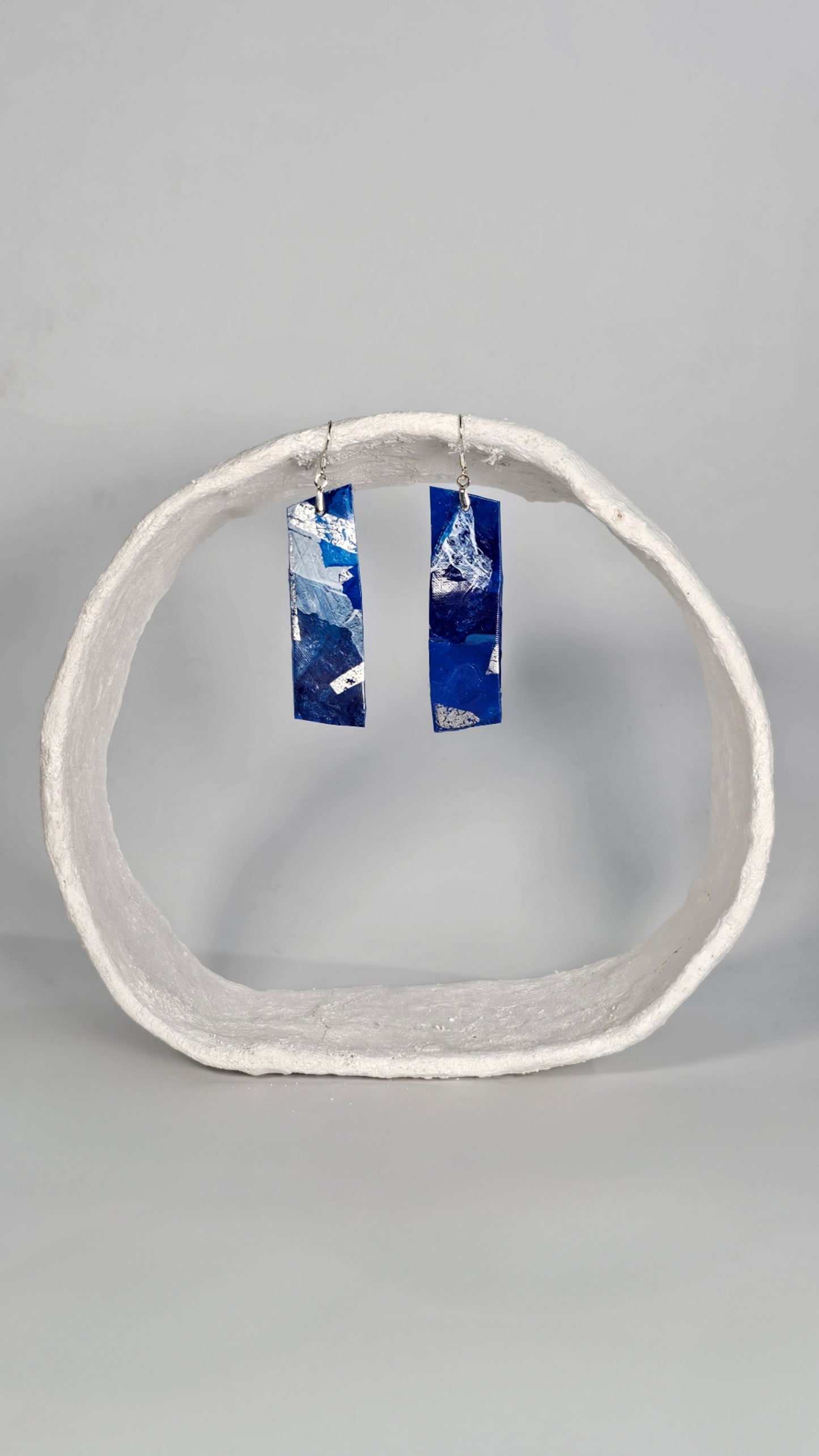 Medium navy, and silver foiling print folded earrings - PLASTIQUE By Siân