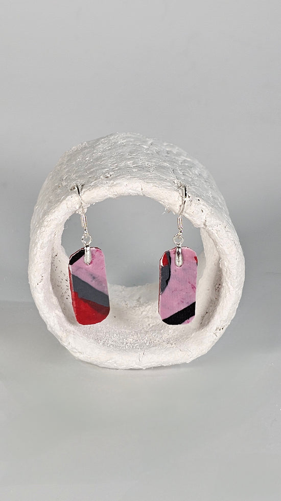 Tiny colourful pink and red long thin abstract 80's vintage London TFL seat inspired earrings - PLASTIQUE By Siân