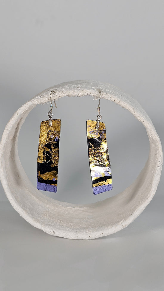 S Long rectangular Lilac and gold metallic foiling print on black earrings - PLASTIQUE By Siân