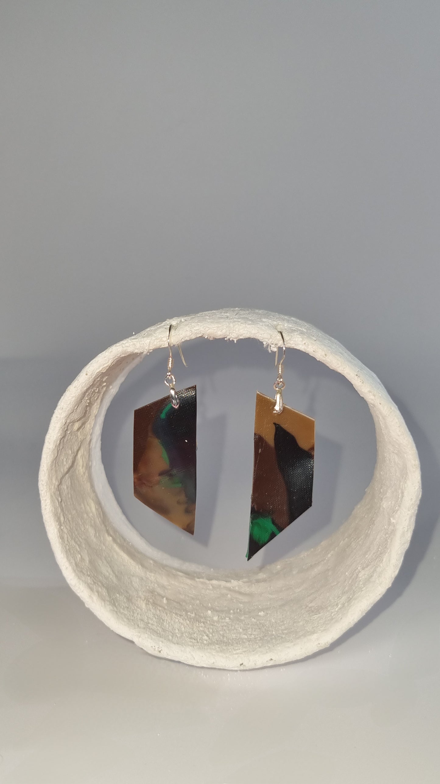 Small geometric pointed green, brown and black camouflage bottle earrings - PLASTIQUE By Siân