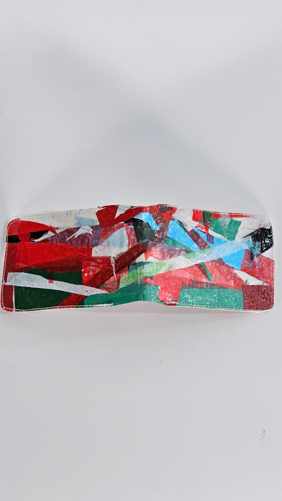 Card wallet: Green, black, blue, red and white stitched from upcycled plastic - PLASTIQUE By Siân