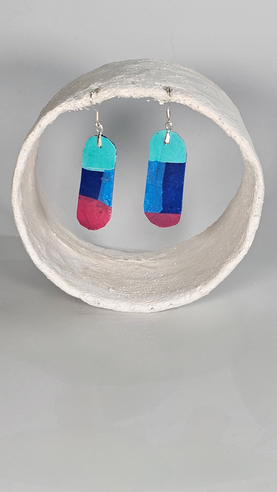 Small long pointed dangly drop earrings in green, pink and blue - PLASTIQUE By Siân