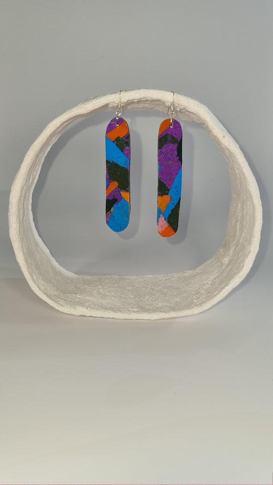 Large striking colourful long thin curved 80s earrings in pink, orange, purple, blue and green - S/S 24 - PLASTIQUE By Siân