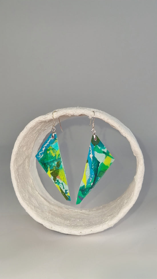 Medium striking colourful long thin green patterned triangle earrings - S/S 24 - PLASTIQUE By Siân