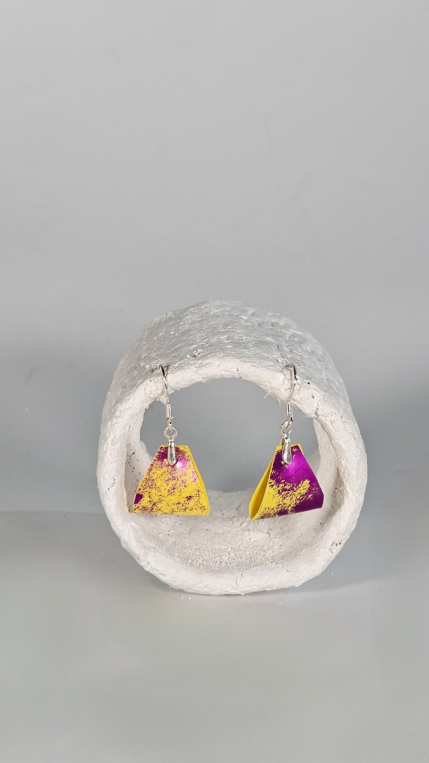 Tiny angular metallic magenta on yellow folded earrings - PLASTIQUE By Siân