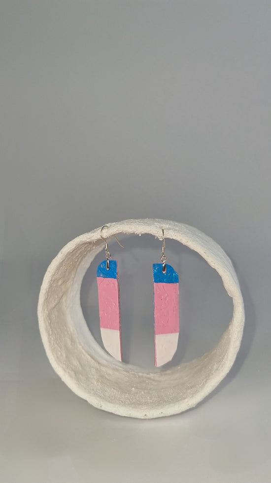 S Trans pride long thin curved edge earrings in baby blue white and pink with gold backing -S/S 24 - PLASTIQUE By Siân