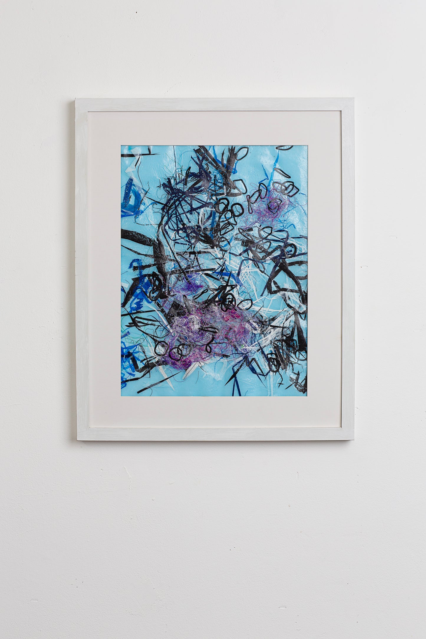 Abstract vibrant original artwork made from 100% upcycled single-use waste plastic- black, purple thread, white and blue