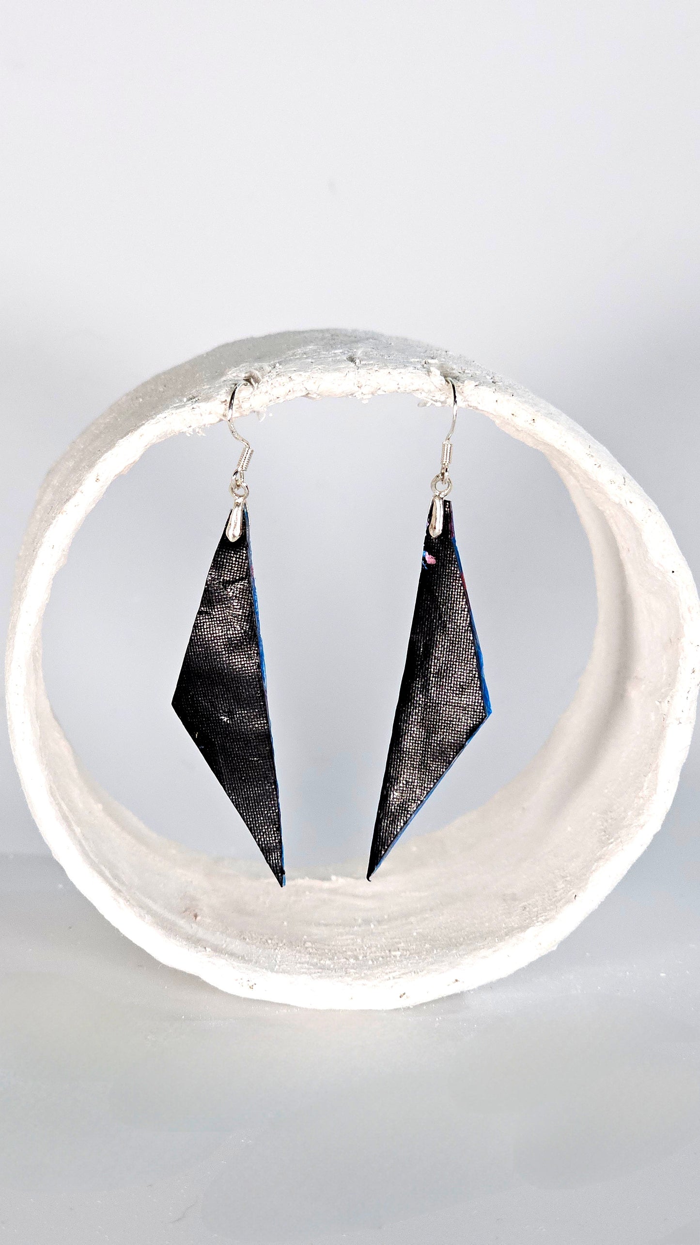 S black geometric drop earrings with electric blue backing - S/S 24 - PLASTIQUE By Siân