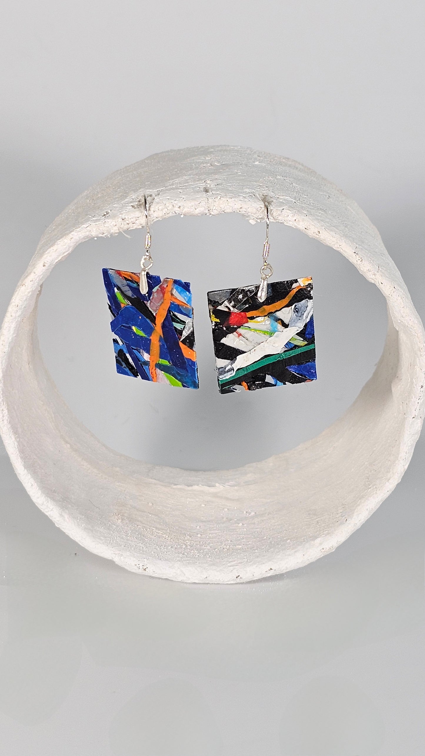 Small Jackson Pollock style square blue, black and green abstract earrings - PLASTIQUE By Siân