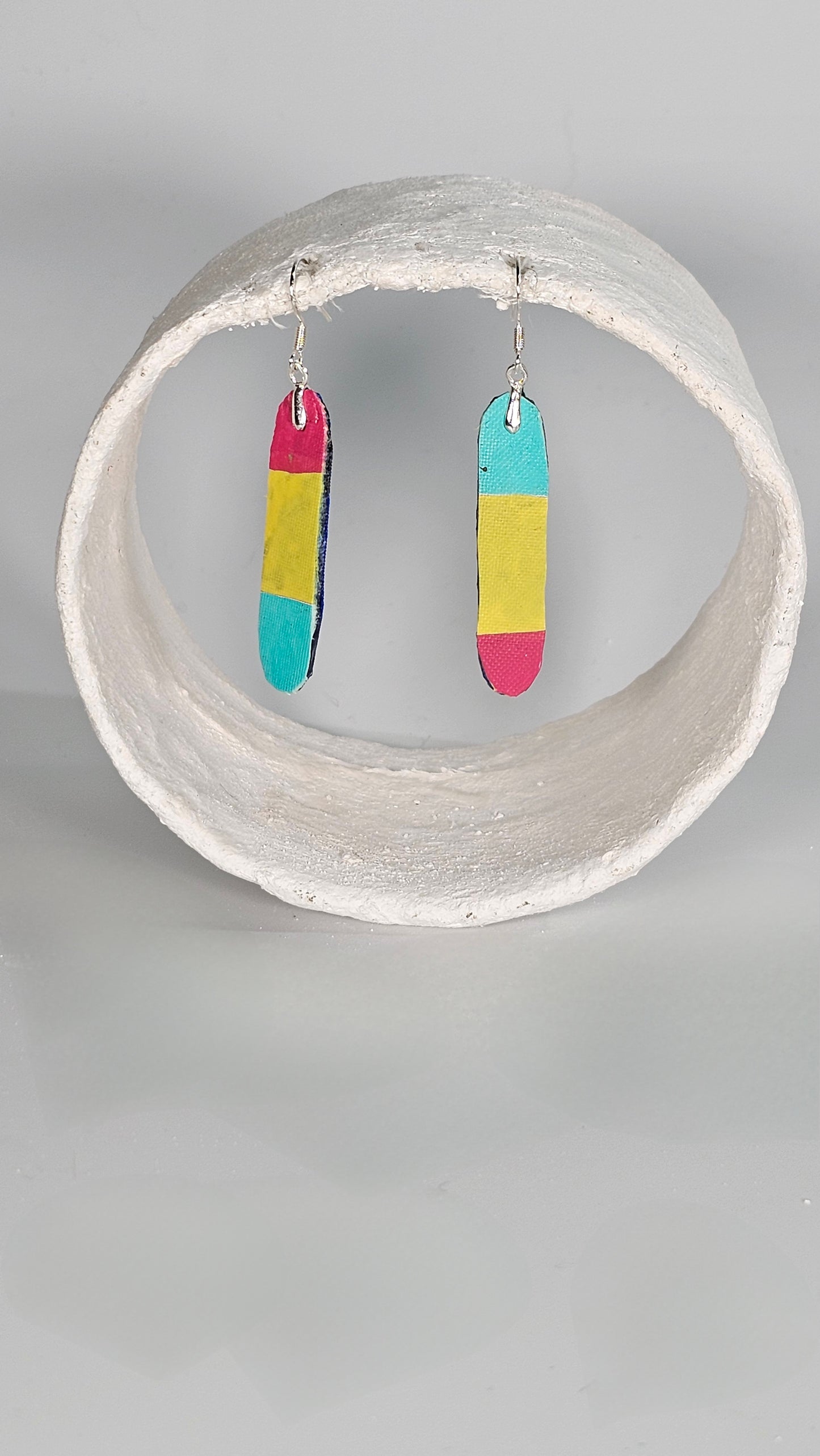 Small long pointed dangly drop earrings in green, yellow, pink and blue - PLASTIQUE By Siân