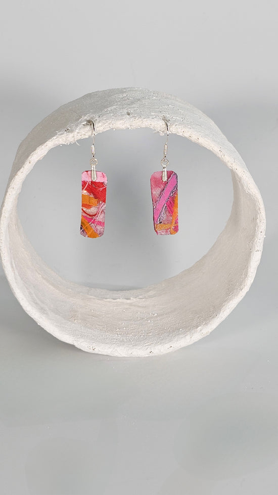 Tiny long thin colourful pink, orange and red abstract square earrings - PLASTIQUE By Siân