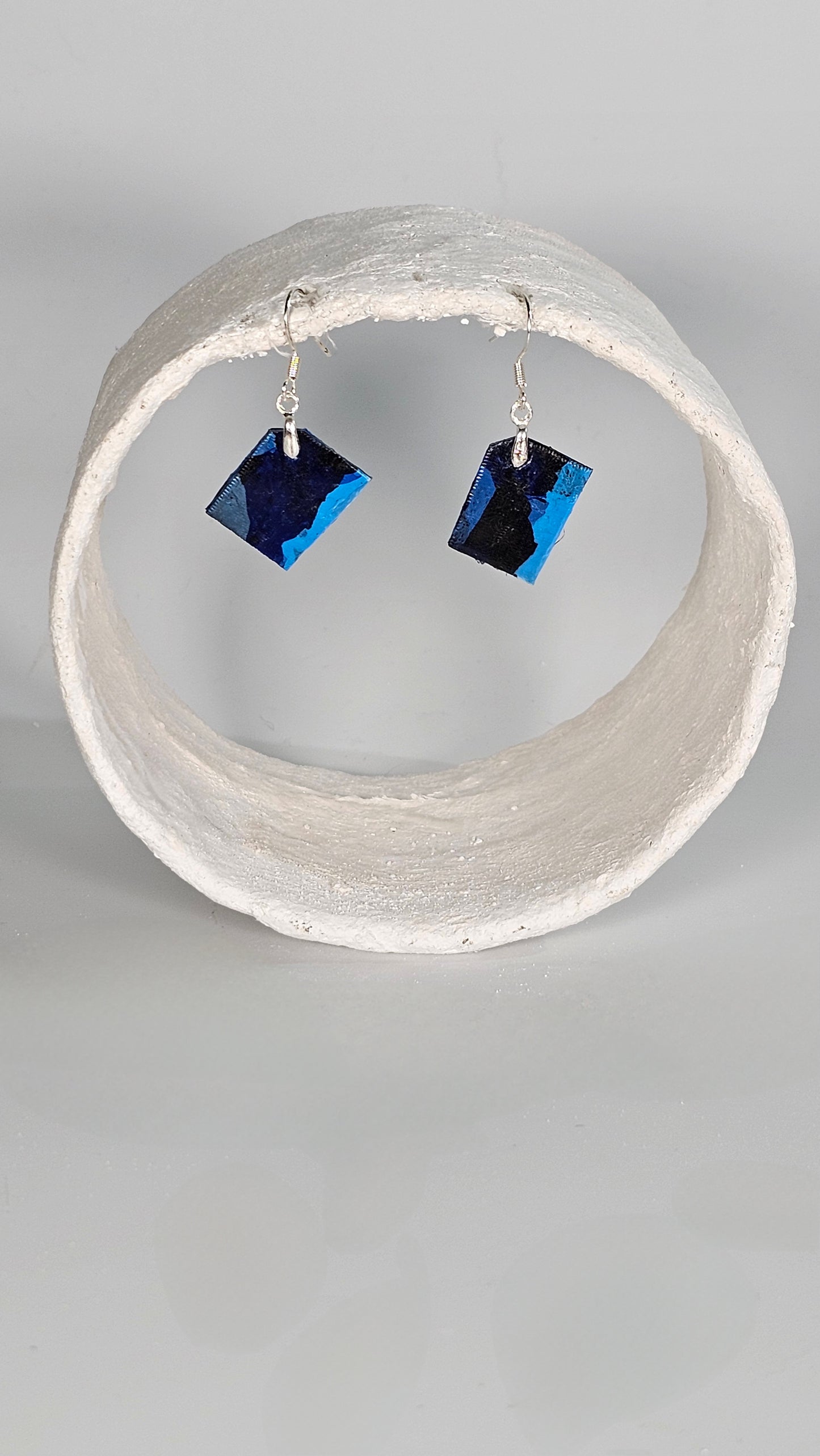Tiny triangle dangly blue, and black camouflage earrings - PLASTIQUE By Siân