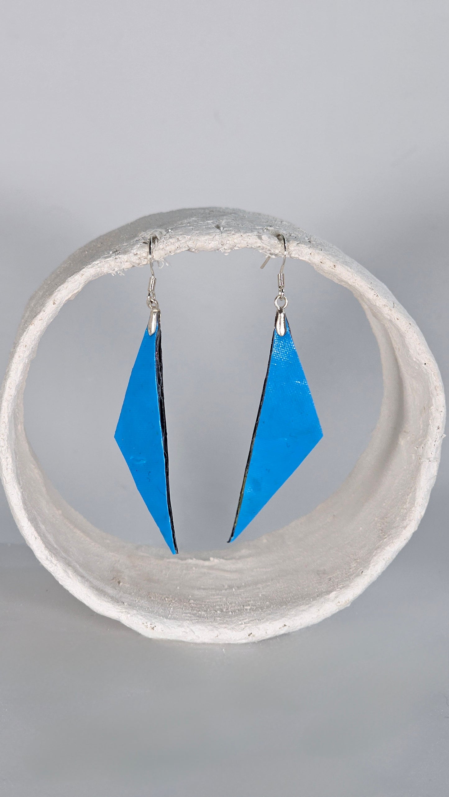 S blue geometric drop earrings with black backing - S/S 24 - PLASTIQUE By Siân