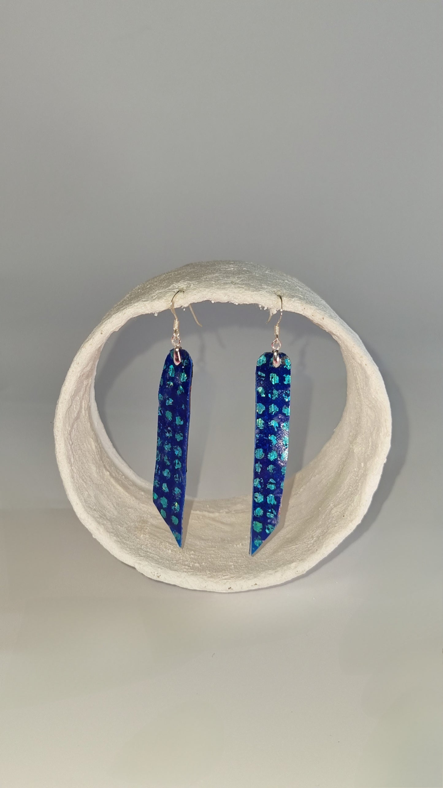 Medium metallic blue on blue long thin earrings - PLASTIQUE By Siân