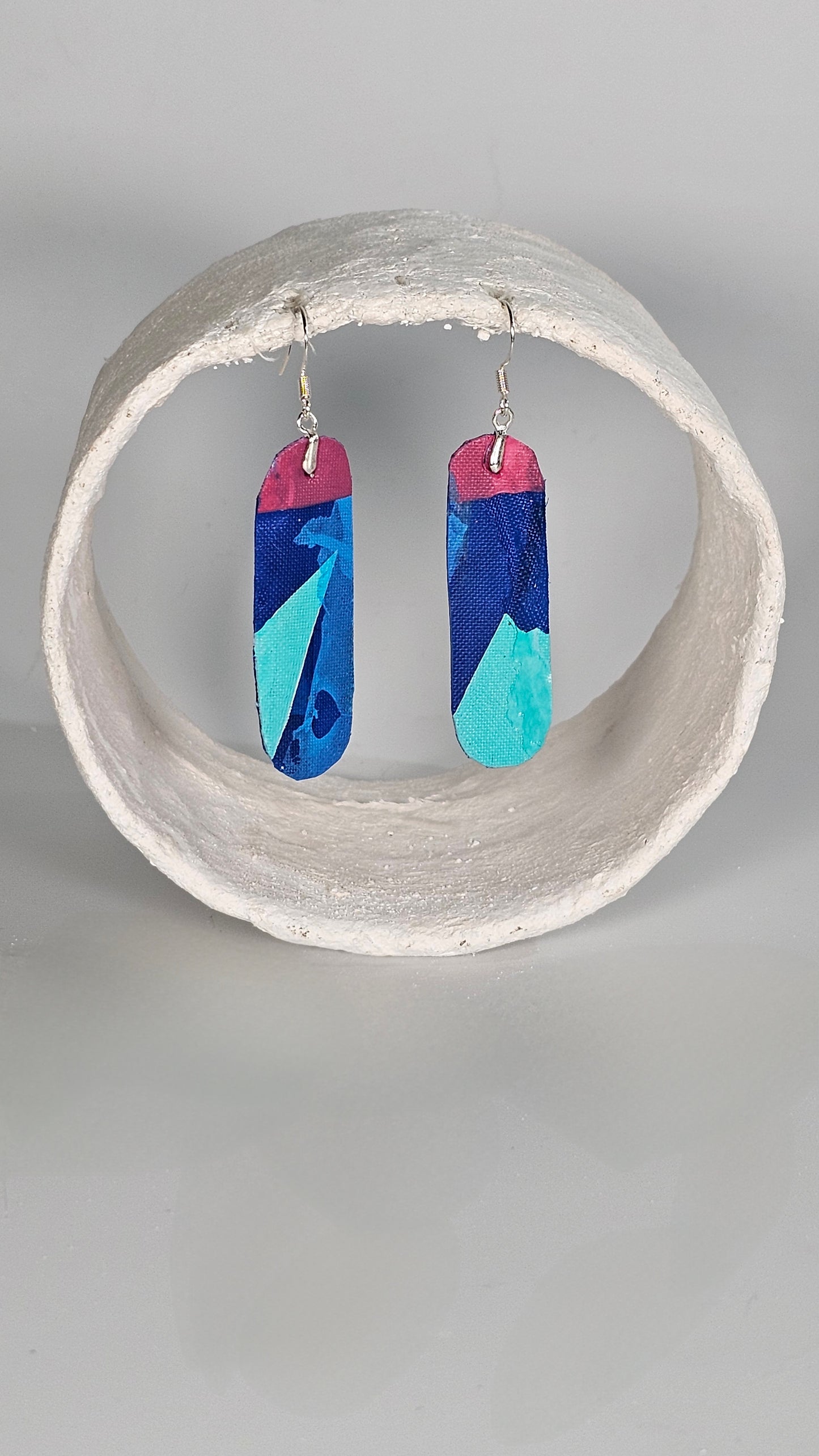 Small long pointed dangly drop earrings in green, pink and blue - PLASTIQUE By Siân