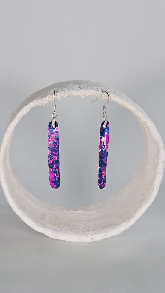 Small/Medium metallic magenta and blue print on white curved edge long thin earrings - PLASTIQUE By Siân