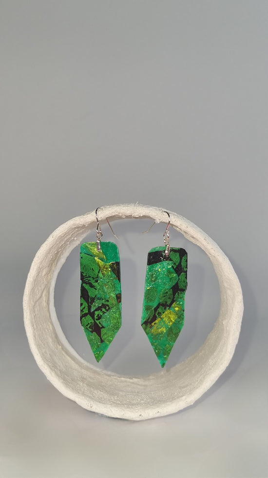 Medium metallic green and black long dangly abstract earrings - PLASTIQUE By Siân