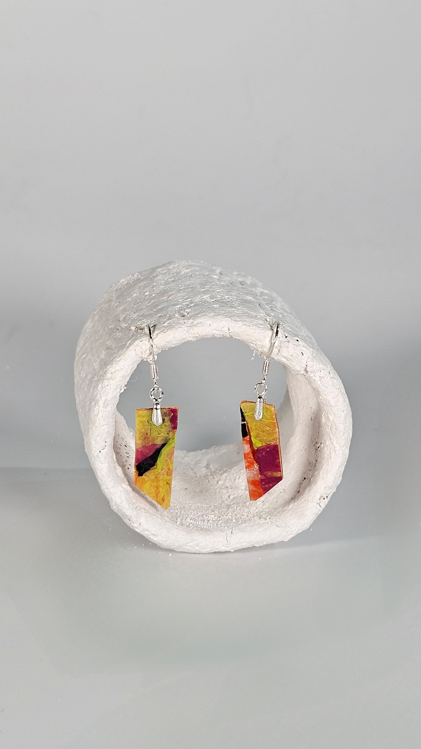 Tiny long colourful pink, orange lime green and black pointed earrings - PLASTIQUE By Siân