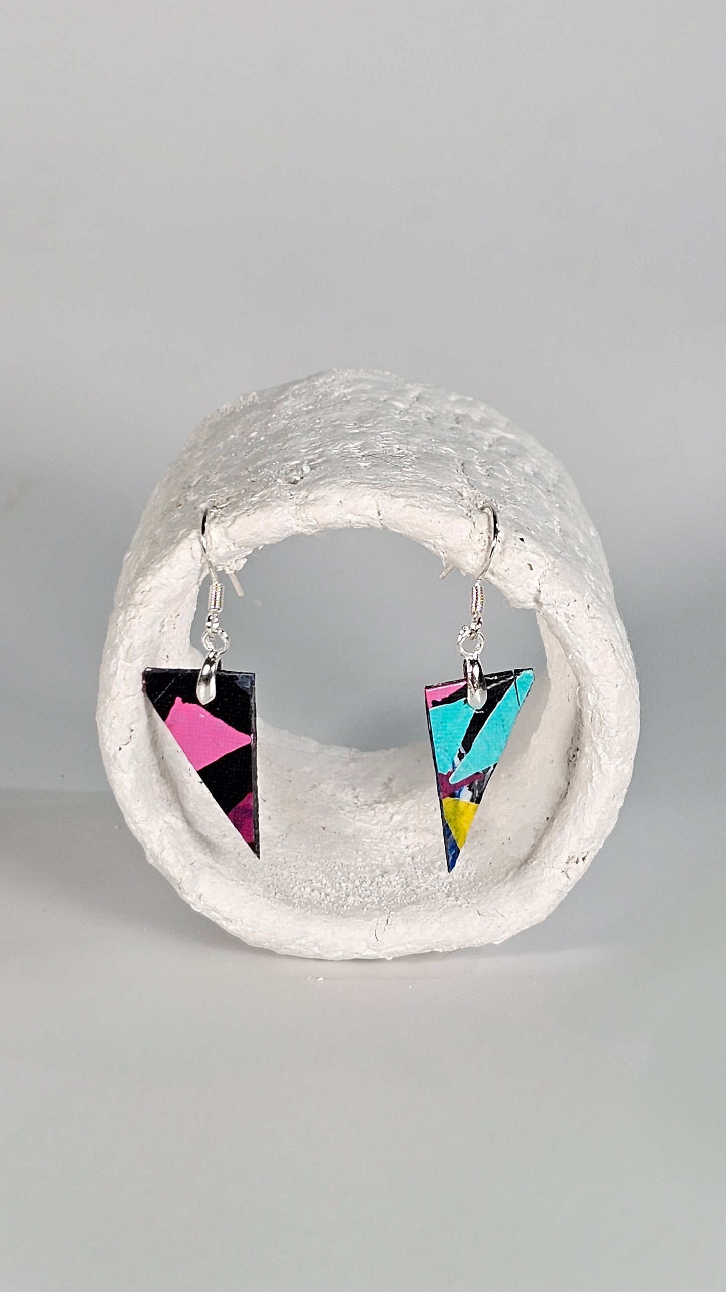 Tiny triangular pointed 80s colourful geometric shape earrings in yellow pink green - PLASTIQUE By Siân