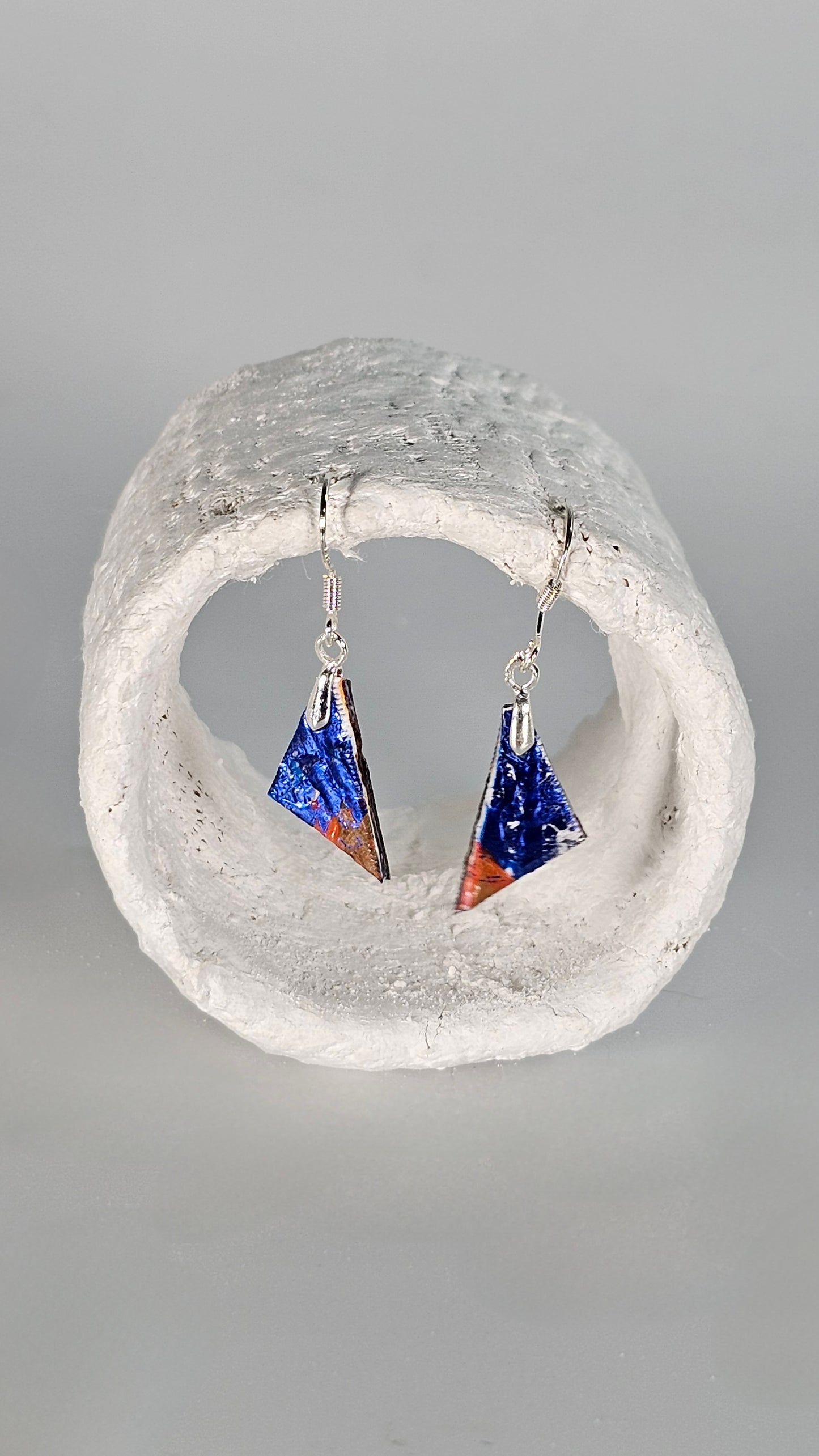 Tiny striking triangle shape colourful earrings in orange and blue- S/S 24 - PLASTIQUE By Siân