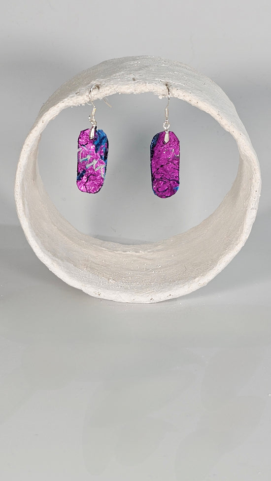 Tiny metallic magenta on blue stitched curved edge rectangle shape earrings - PLASTIQUE By Siân