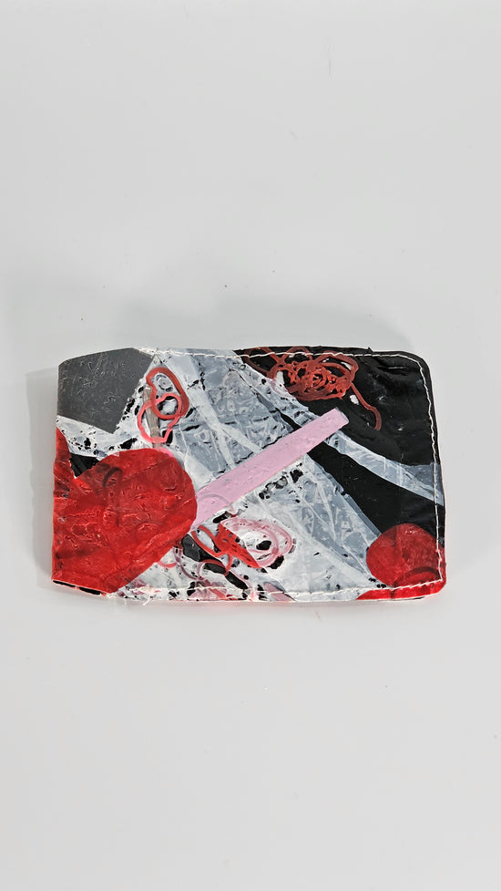 Card wallet: Pink, black, grey, red and white stitched from upcycled plastic - PLASTIQUE By Siân