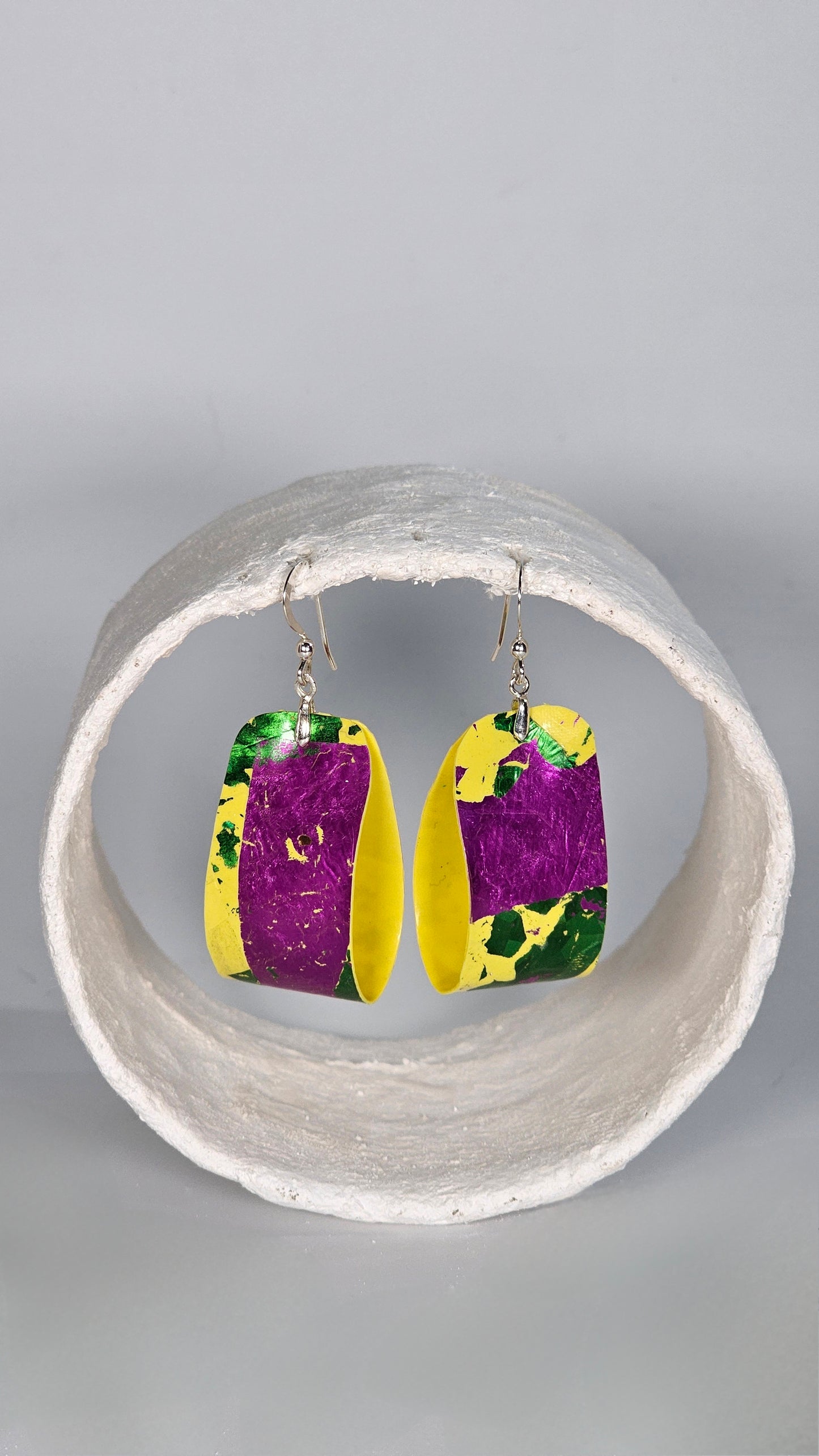 M Metallic magenta snd green on yellow folded Earrings - PLASTIQUE By Siân