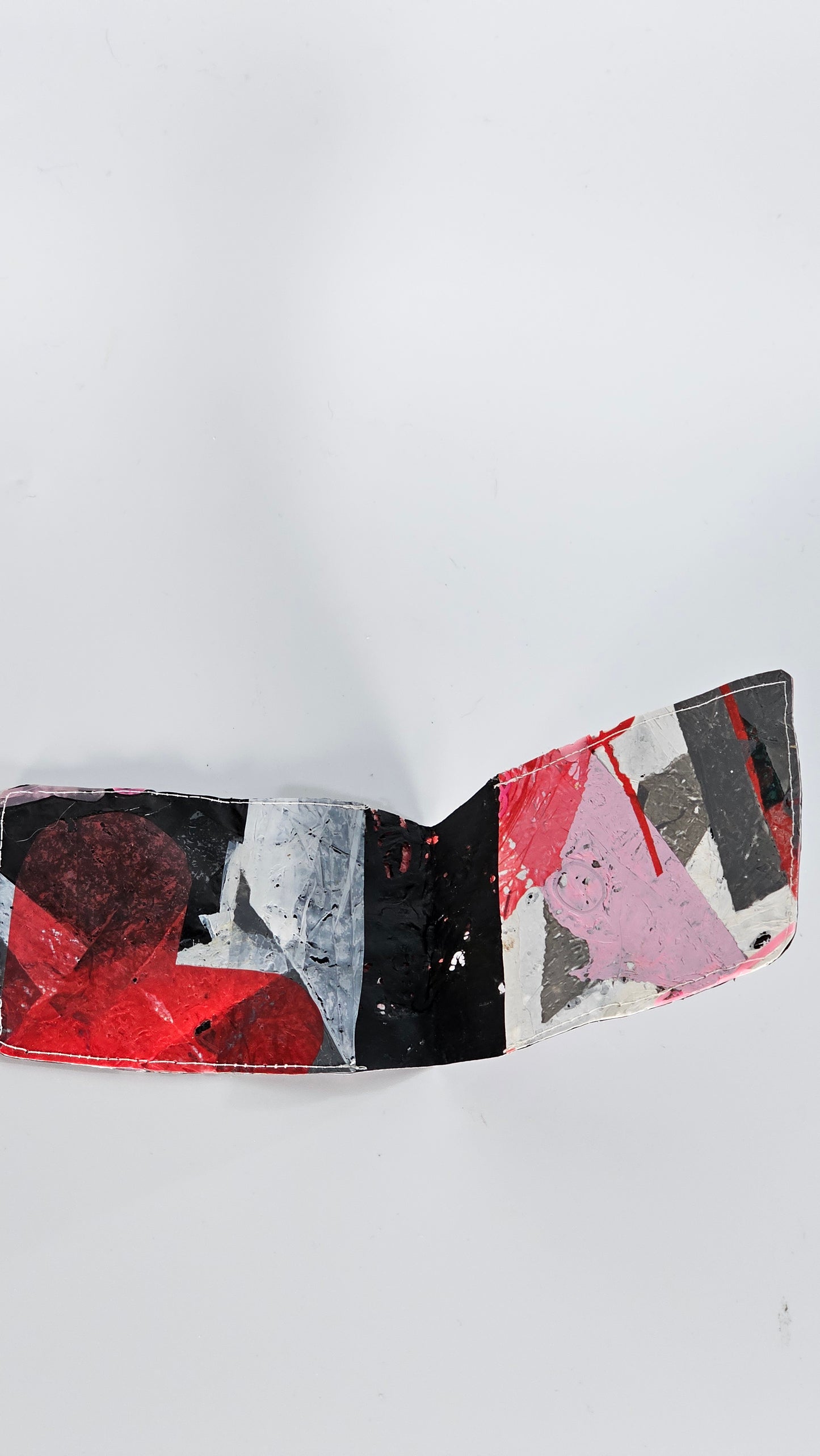 Card wallet: Pink, black, grey, red and white stitched from upcycled plastic - PLASTIQUE By Siân