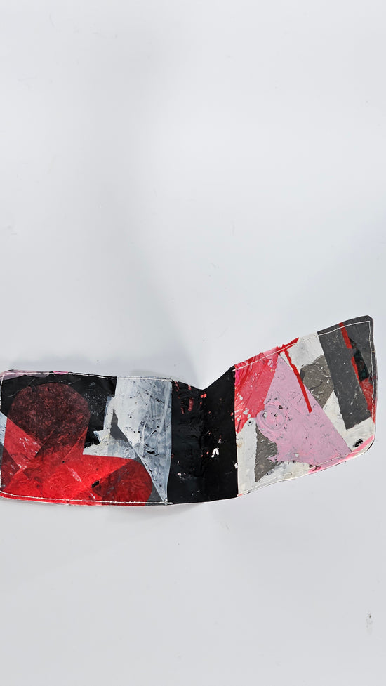 Card wallet: Pink, black, grey, red and white stitched from upcycled plastic - PLASTIQUE By Siân