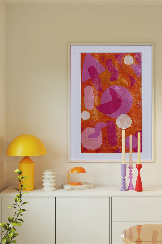 Abstract vibrant original artwork made from 100% upcycled single-use waste plastic- orange and pink