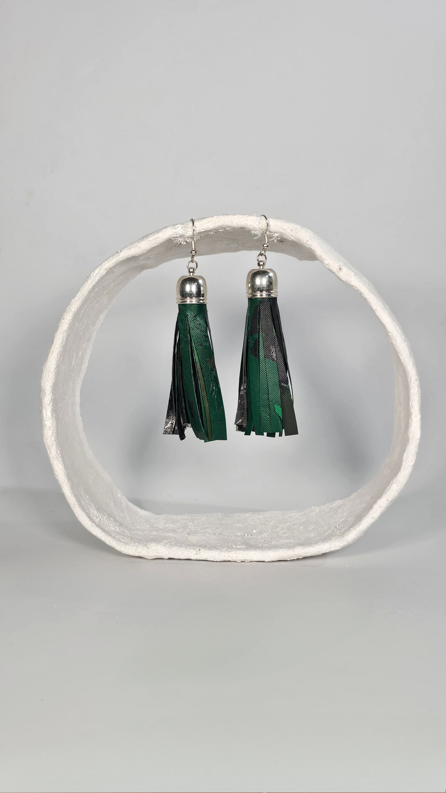 Medium dangly green camouflage tassel earrings - PLASTIQUE By Siân