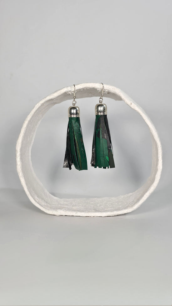 Medium dangly green camouflage tassel earrings - PLASTIQUE By Siân