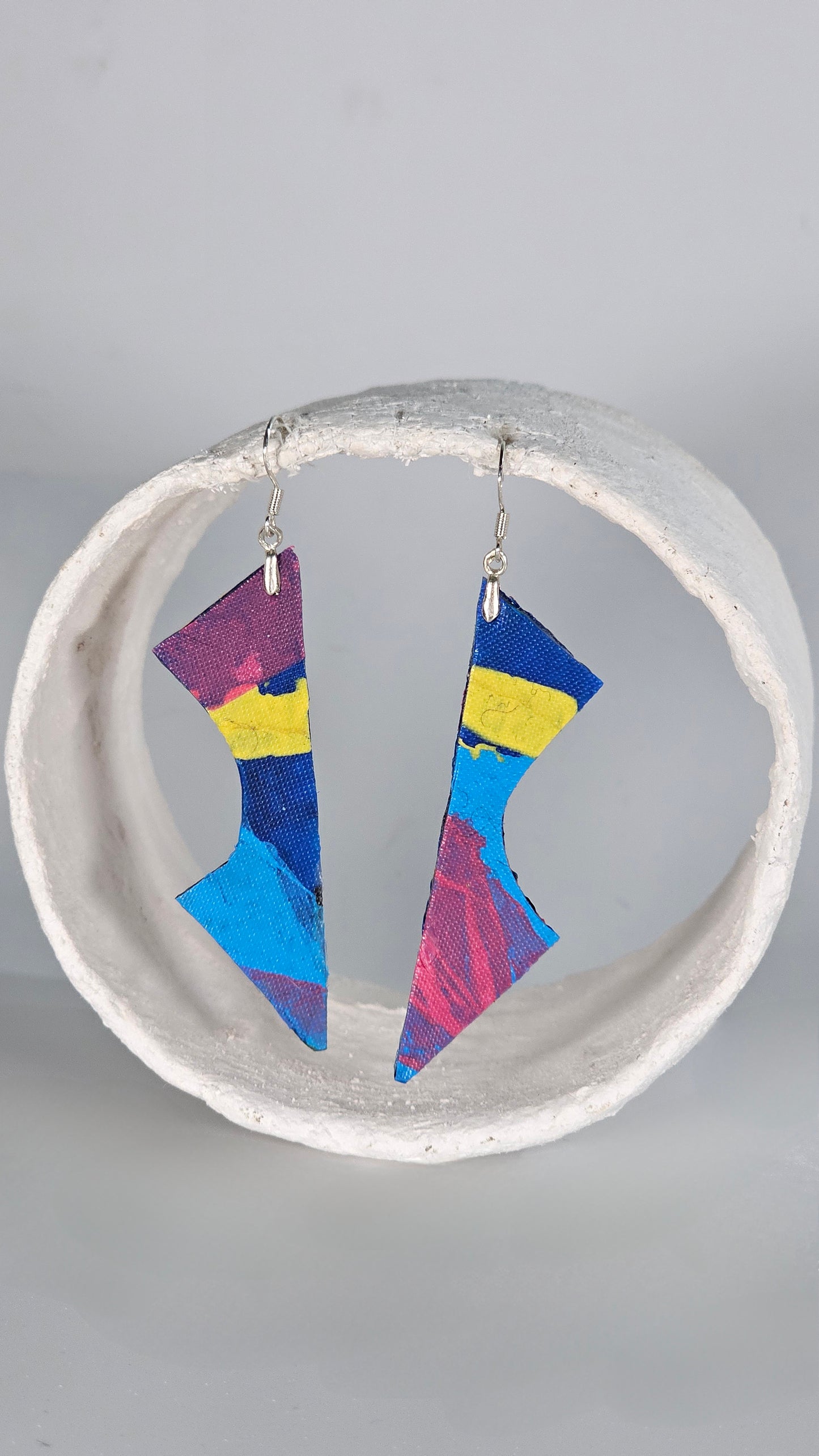 Small long drop 80s colourful geometric shape earrings in blue pink and yellow - PLASTIQUE By Siân