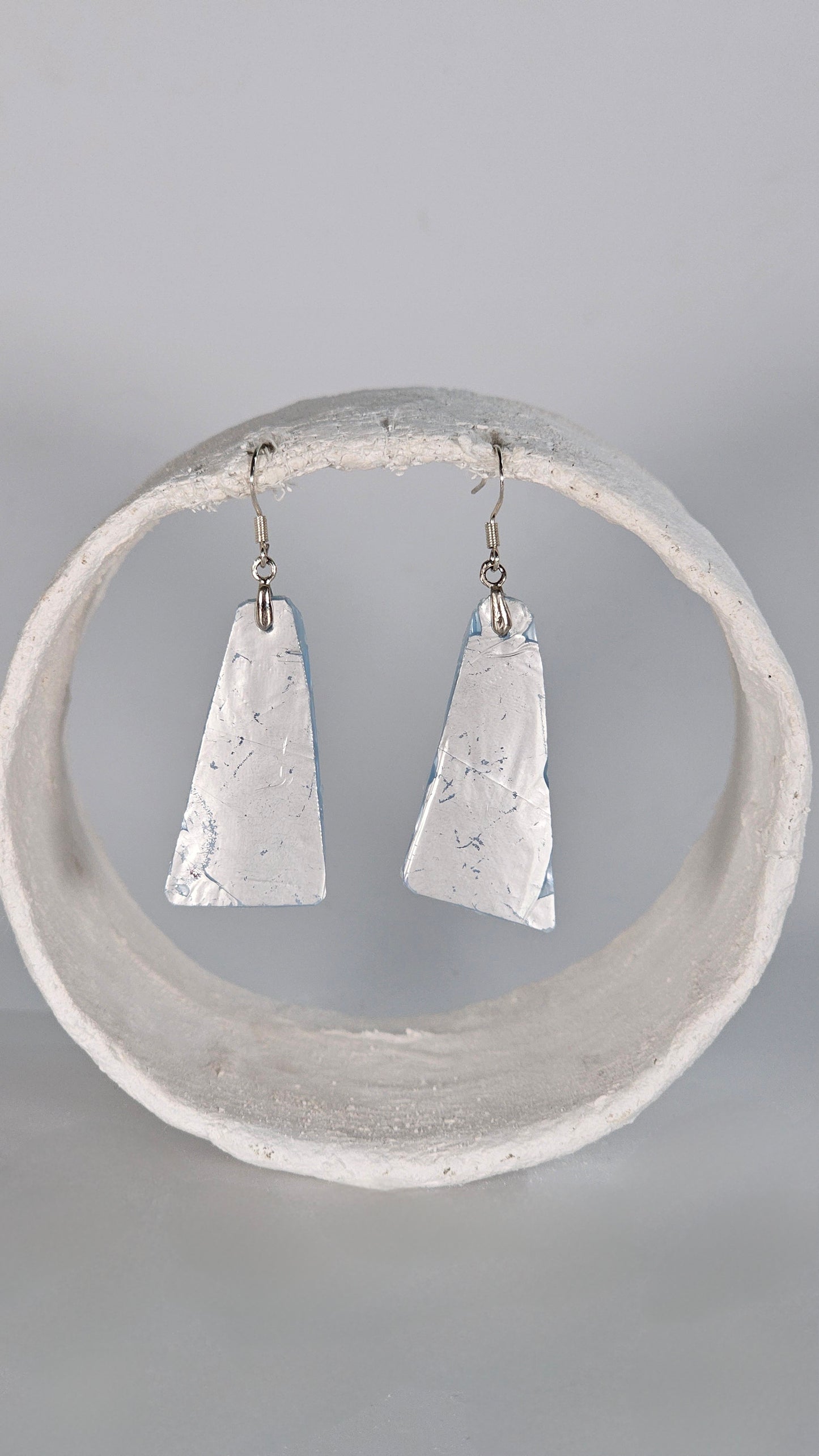 Small pearlescent blue and metallic silver triangle earrings - PLASTIQUE By Siân