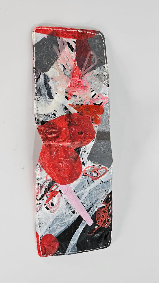 Card wallet: Pink, black, grey, red and white stitched from upcycled plastic - PLASTIQUE By Siân