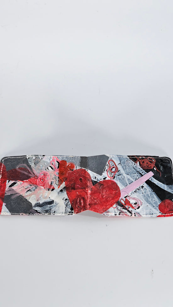 Card wallet: Pink, black, grey, red and white stitched from upcycled plastic - PLASTIQUE By Siân