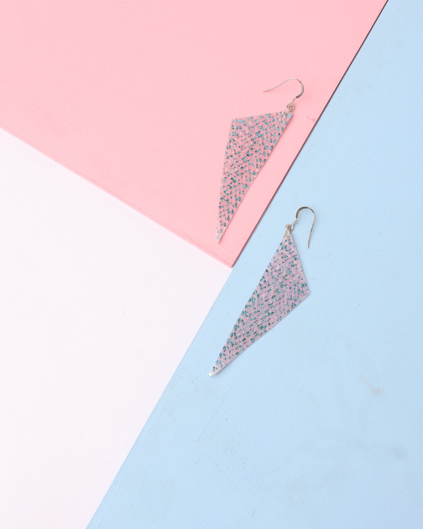 Ex Large long triangular pink clear and blue earrings